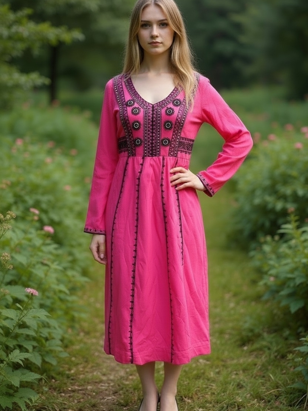 Gorgeous Focus Boho V-Neck Embroidered Midi Dress in Pink